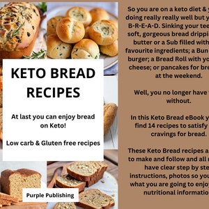 Puede incluir: Un collage de imágenes de recetas de pan keto. El texto dice "Keto Bread Recipes" y "At last you can enjoy bread on Keto! Low carb & Gluten free recipes". El texto también dice "Purple Publishing".