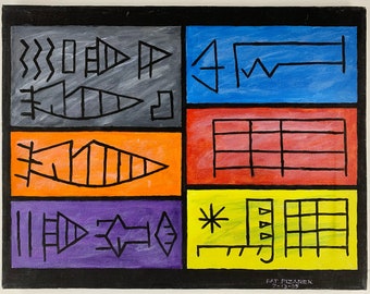 Symbols on color blocks, original oil painting on canvas