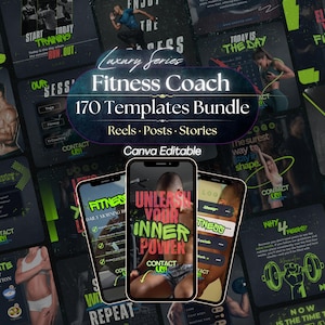 Può includere: Un pacchetto digitale di 170 modelli di fitness modificabili su Canva per reel, post e storie. La grafica presenta il testo Luxury Series Fitness Coach 170 Templates Bundle, mostrando vari layout con accenti verde neon e immagini di fitness.