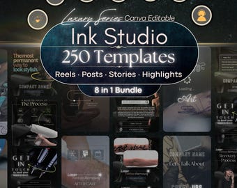 May include: A digital collection of 250 editable social media templates for tattoo studios, featuring a dark aesthetic with gold accents. The bundle includes designs for reels, posts, stories, and highlights, showcasing text like Ink Studio, 250 Templates, and 8 in 1 Bundle.