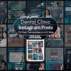 Può includere: Una raccolta di 75 modelli digitali di post Instagram per uno studio dentistico, presentati con un rapporto d'aspetto 4:5. I modelli presentano schemi di colori blu scuro e verde acqua con sovrapposizioni di testo, immagini dentali e layout Canva modificabili.