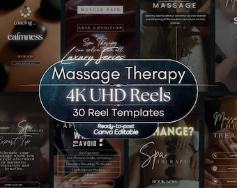 May include: A digital collection of 30 Massage Therapy 4K UHD Reels templates for Canva. The graphic features dark, moody backgrounds with text overlays including Massage Therapy, 4K UHD Reels, and Ready-to-post Canva Editable in white font.