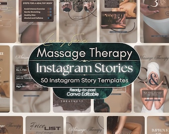 May include: A collection of 50 digital Instagram story templates for massage therapy, featuring a neutral color palette with dark brown text overlays. The designs include sections for aftercare tips, price lists, and treatment information.