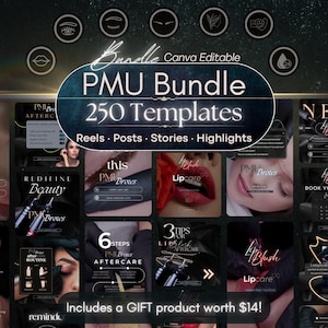 250 plantillas de Instagram de PMU: Microblading y rubor labial (editables en Canva)