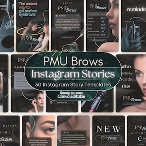 Può includere: Una raccolta di 50 modelli digitali di storie Instagram per sopracciglia PMU, con sfondi scuri, sovrapposizioni di testo e immagini di procedure di tatuaggio delle sopracciglia, strumenti e istruzioni per la cura, modificabili su Canva.