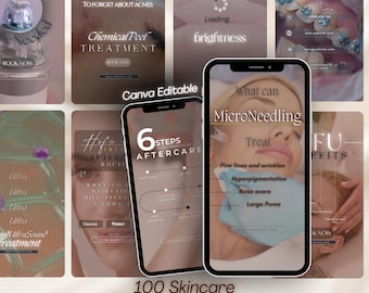 100 Vorlagen für Hautpflegerollen, Medspa & Dermatology (Canva Editable, 4K UHD)