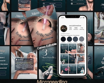 Microneedling Instagram Templates, Skincare Social Media (Canva Editable)