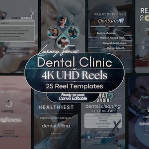 Può includere: Una raccolta di 25 modelli digitali di reel per cliniche dentali con sovrapposizioni di testo come Luxury Series, Dental Clinic, 4K UHD Reels e Ready-to-post Canva Editable. I design includono contenuti educativi e consigli per il post-trattamento.