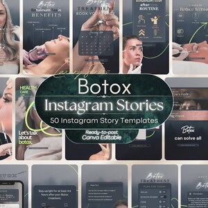 May include: A collection of 50 digital Instagram story templates for Botox treatments, featuring dark aesthetic backgrounds, medical imagery, and text overlays including Botox Instagram Stories, Botulinum Toxin Benefits, and Aftercare Routine.