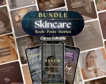 Skincare Instagram Templates Bundle: 100 Social Media Posts, Reels, Stories (Canva Editable)