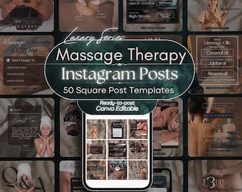 May include: A collection of fifty square Instagram post templates for massage therapy, featuring a dark, elegant aesthetic with text overlays, spa imagery, and wellness tips. The central graphic displays the text Luxury Series Massage Therapy Instagram Posts 50 Square Post Templates Ready-to-post Canva Editable.