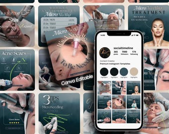 Microneedling Instagram Templates: Skincare Social Media (Canva Editable)