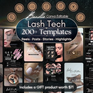 May include: A digital bundle of over 200 editable Canva templates for lash technicians, featuring social media posts, reels, stories, and highlights. The design includes dark backgrounds with text overlays, beauty imagery, and icons for aesthetic services.