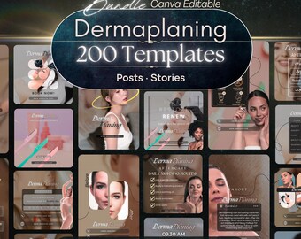 Plantillas de Instagram para dermaplaning: Cuidado de la piel en redes sociales (Canva editable, paquete de 200 publicaciones e historias)