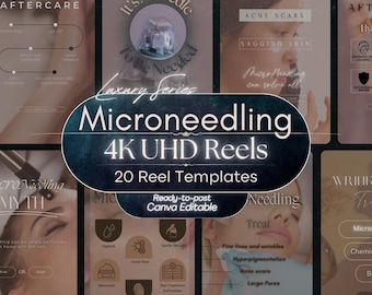 Może przedstawiać: Kolekcja 20 cyfrowych szablonów rolek do mikronakłuwania, zawierająca nakładki tekstowe, takie jak 6 Steps of Aftercare, It's A Needle To Be Needed oraz Microneedling 4K UHD Reels. Projekty obejmują grafiki edukacyjne, ikony pielęgnacji i tekst.