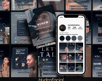 50 Hydrafacial Instagram Post Templates: Modern Skincare Social Media (Canva)