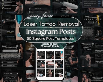May include: A collection of 50 square Instagram post templates for laser tattoo removal services, featuring dark backgrounds, white text, and instructional graphics for aftercare, recovery processes, and expert tips, all editable in Canva.