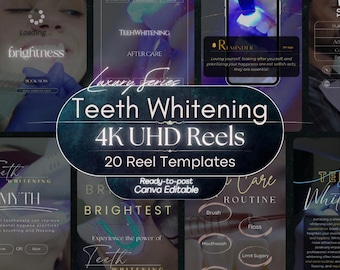 Pode incluir: Uma coleção digital de 20 modelos de reels 4K UHD para clareamento dental no Canva. Os gráficos apresentam sobreposições de texto como Teeth Whitening, After Care e Brightest, junto com imagens de procedimentos dentários e smartphones.