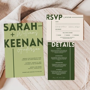 Minimalist Wedding Invite Template Set | Green Editable Invitation Suite | Bright Bold Font Invitation Details RSVP Cards | Instant Download