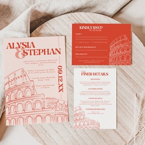 Moderne Italiaanse bruiloft uitnodiging set sjabloon | Bewerkbare Rome Italië bruiloft uitnodiging Suite | Colosseumtekening | Bruiloft briefpapier bundel