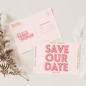 Modelo de reserva de data em negrito | Convite de cartão postal moderno e brilhante para salvar nossa data | Papelaria de casamento personalizada editável | Download digital instantâneo
