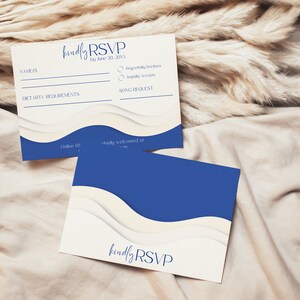 Modello di biglietto RSVP per matrimonio / Biglietto di risposta per matrimonio Modern Wave / Biglietto di risposta modificabile con design Ocean Beach / Extra per inviti Cancelleria per matrimonio