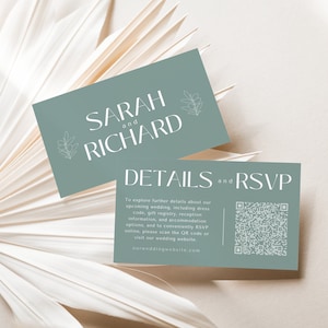 Modelo de cartão de resposta de casamento com código QR | Cartão pequeno dos detalhes do casamento editável | Cartão de informação em linha do site do casamento RVSP | Projeto de ramo de oliveira