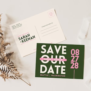 Plantilla llamativa para postales con invitación para guardar la fecha / Invitación minimalista para guardar la fecha / Papelería de boda editable y colorida / Descarga digital instantánea