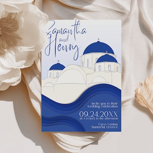 de Faire-part de mariage grec moderne | Carte d'invitation modifiable pour mariage de Santorin Grèce | Illustration de dômes | Papeterie de mariage personnalisée