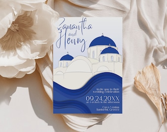 Santorini Wedding Invitation Template | Greek Island Domes Card | Editable Digital Download