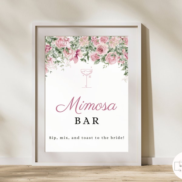 Pink Roses Bridal Shower Mimosa Bar Sign, Floral Editable Mimosa Sign Template, Bubbly Bar Decor Printable, Garden Bridal Teaparty BSPR