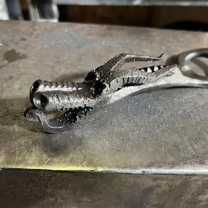 Può includere: Un apribottiglie in metallo a forma di testa di drago con una superficie testurizzata. L'apribottiglie è appoggiato su una superficie metallica.