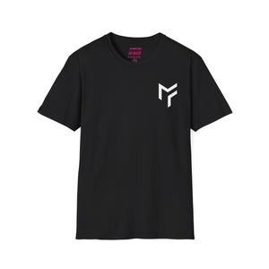 May include: Black t-shirt with a white geometric design on the front and a small pink text on the upper back. The t-shirt is a classic crew neck style.