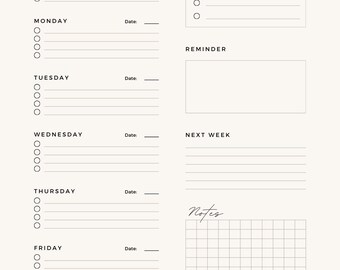 May include: A printable weekly workout planner with a black and white design. The planner includes sections for Sunday through Saturday, with space to list workout activities and dates. There are also sections for priorities, reminders, next week's plans, and notes.