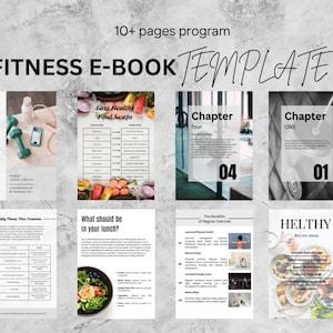 May include: A fitness e-book template with a black and white design. The cover page features the text "Fitness E-Book Template" in bold, white letters. The interior pages include a variety of content, such as a weekly fitness plan, healthy food swaps, and the benefits of regular exercise.