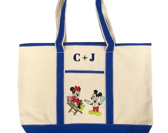 Custom Embroidered Jumbo Mickey & Minnie Tote Bag – Personalized Disney Canvas Tote, Monogram Name Gift, Disney Park Bag