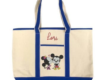 Custom Embroidered Jumbo Mickey & Minnie Tote Bag – Personalized Disney Canvas Tote, Monogram Name Gift, Disney Park Bag
