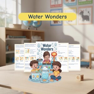 May include: A colorful illustration titled "Water Wonders" shows three children experimenting with water. The image includes diagrams and text about water experiments, with a yellow banner at the top. The children are shown with beakers and other science equipment.