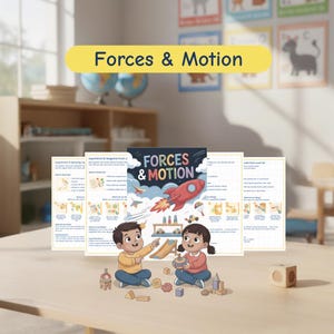 May include: A classroom setting with educational posters and a table. The image highlights "Forces & Motion" educational posters with a rocket ship illustration. Two children are playing with toys on the table.