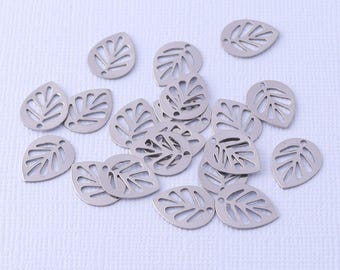 Stainless Steel Silver Leaf Charm, 13mm