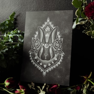 Rabbit and Roses Gothic Art Print | Victorian Witchy Wall Art A4 | Dark Academia Gift | Cottagecore Decor | Alternative Bunny Illustration