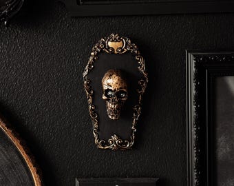 Skull in Coffin Wall Hanging / Handmade Gothic Home Decor / Mini Ornate Wall Hanging / Spooky Gap Filler for Goth Gallery / Halloween Decor