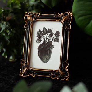 A black and white print of a hand-drawn anatomical heart blooming with wilted roses as though it were a vase. Surrounded by dark green leaves and shadows. Ideal for gothic or anatomy-themed decor.