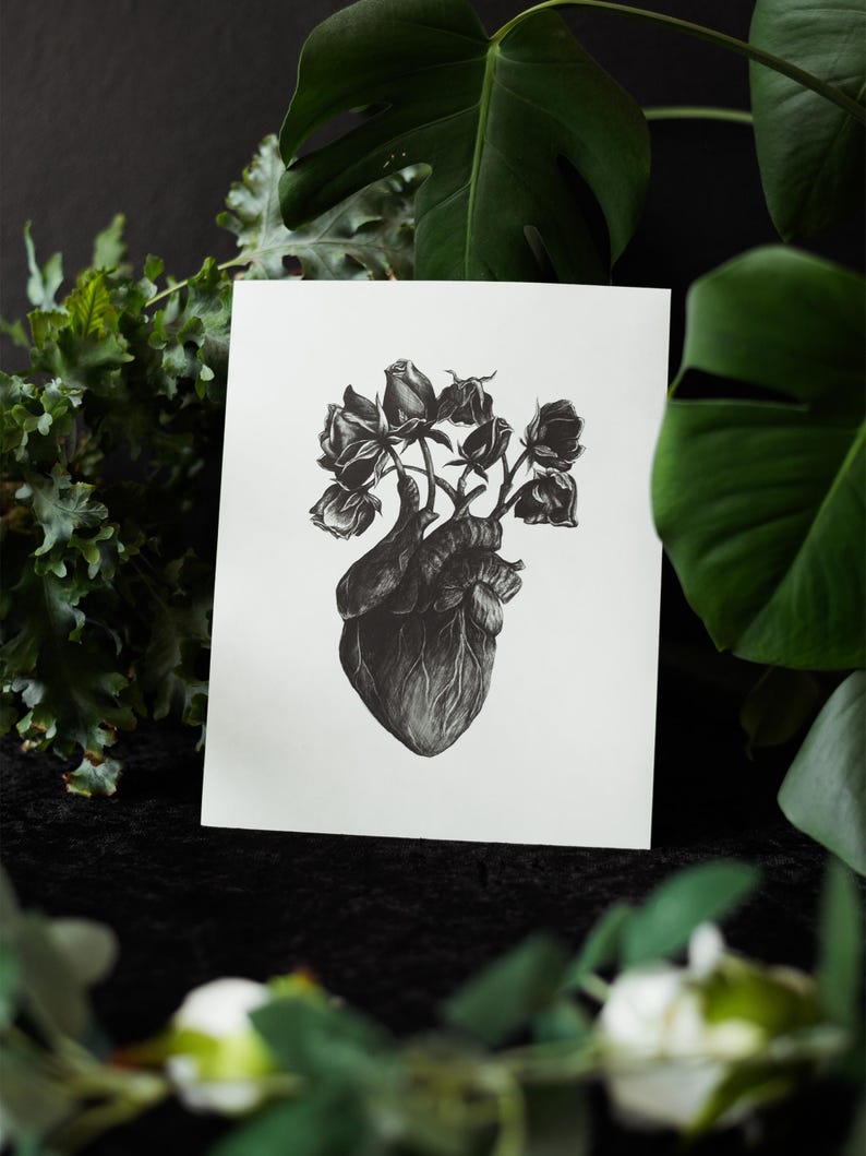 A black and white print of a hand-drawn anatomical heart blooming with wilted roses as though it were a vase. Surrounded by dark green leaves and shadows. Ideal for gothic or anatomy-themed decor.