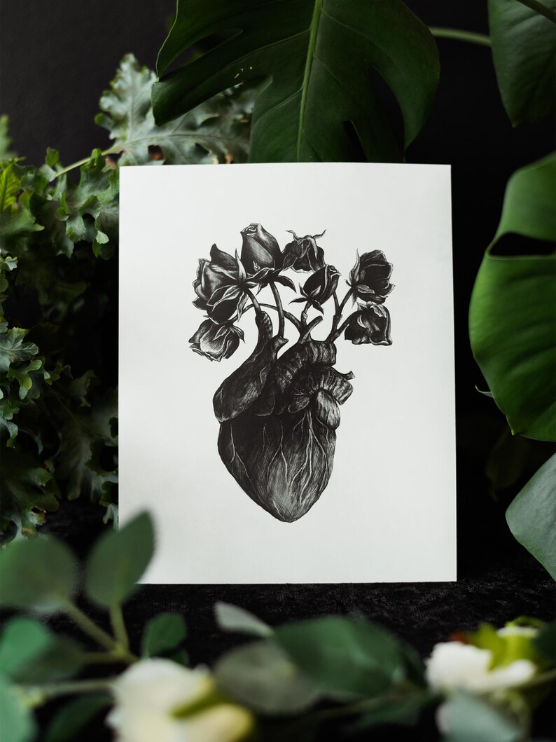 A black and white print of a hand-drawn anatomical heart blooming with wilted roses as though it were a vase. Surrounded by dark green leaves and shadows. Ideal for gothic or anatomy-themed decor.