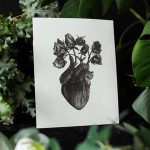 A black and white print of a hand-drawn anatomical heart blooming with wilted roses as though it were a vase. Surrounded by dark green leaves and shadows. Ideal for gothic or anatomy-themed decor.