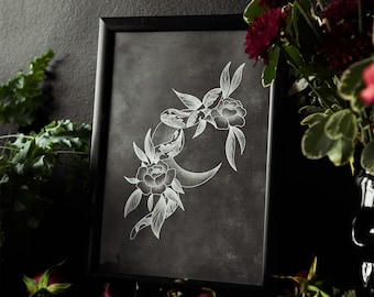 Moon and Snake Floral A4 Gothic Print - Tattoo Wall Art - Dark Academia Home Decor - Alternative Witchy Christmas Gift - Dark Cottagecore