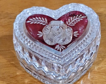 Vintage Ruby Rose Heart Jewelry Box, Duitse kristallen sieradendoos, zeldzame doos.