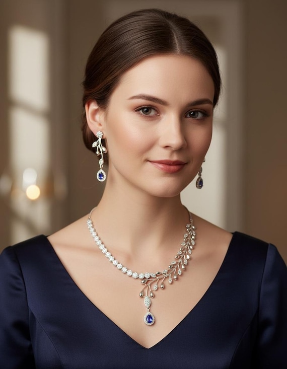 シルバーメッキのダイヤモンドレプリカネックレスセット、ブルー 
