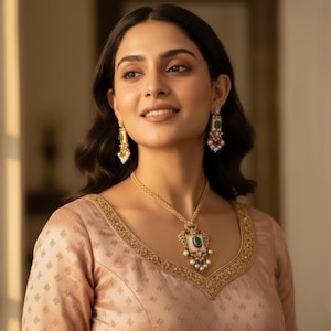 Sabyasachi Inspired MOP Polki Necklace Set, Long Doublet Stone Jewelry with Earrings